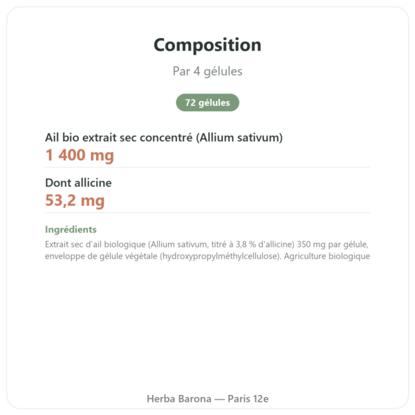 Ail bio concentré – Revit'Ail – 72 gélules – Vecteur Santé composition valeurs nutritionnelles Paris Herba Barona