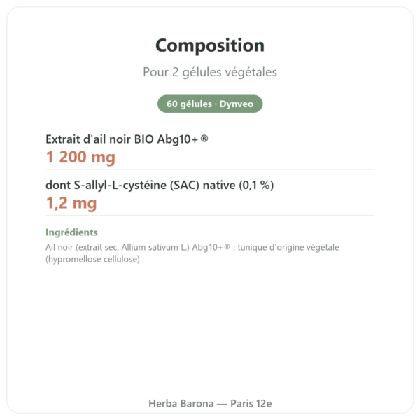 Ail noir fermenté Bio – Dynveo – 60 gélules composition valeurs nutritionnelles Paris Herba Barona