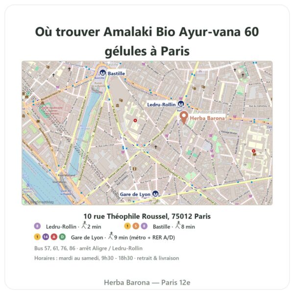 Ou trouver Amalaki Bio Ayur-vana 60 gélules a Paris - plan boutique Herba Barona Paris 12e