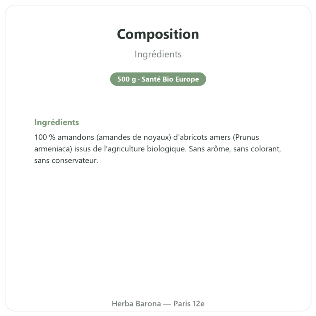 Amandons d'abricots amers bio – 500 g – Santé Bio Europe composition valeurs nutritionnelles Paris Herba Barona