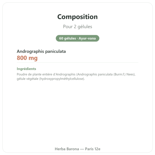 Andrographis – Ayur-vana – 60 gélules composition valeurs nutritionnelles Paris Herba Barona