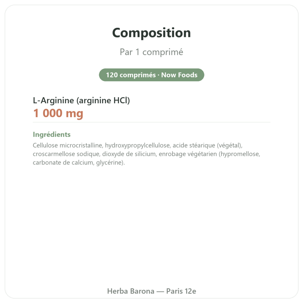 Arginine – 1 000 mg – Now foods – 120 comprimés composition valeurs nutritionnelles Paris Herba Barona