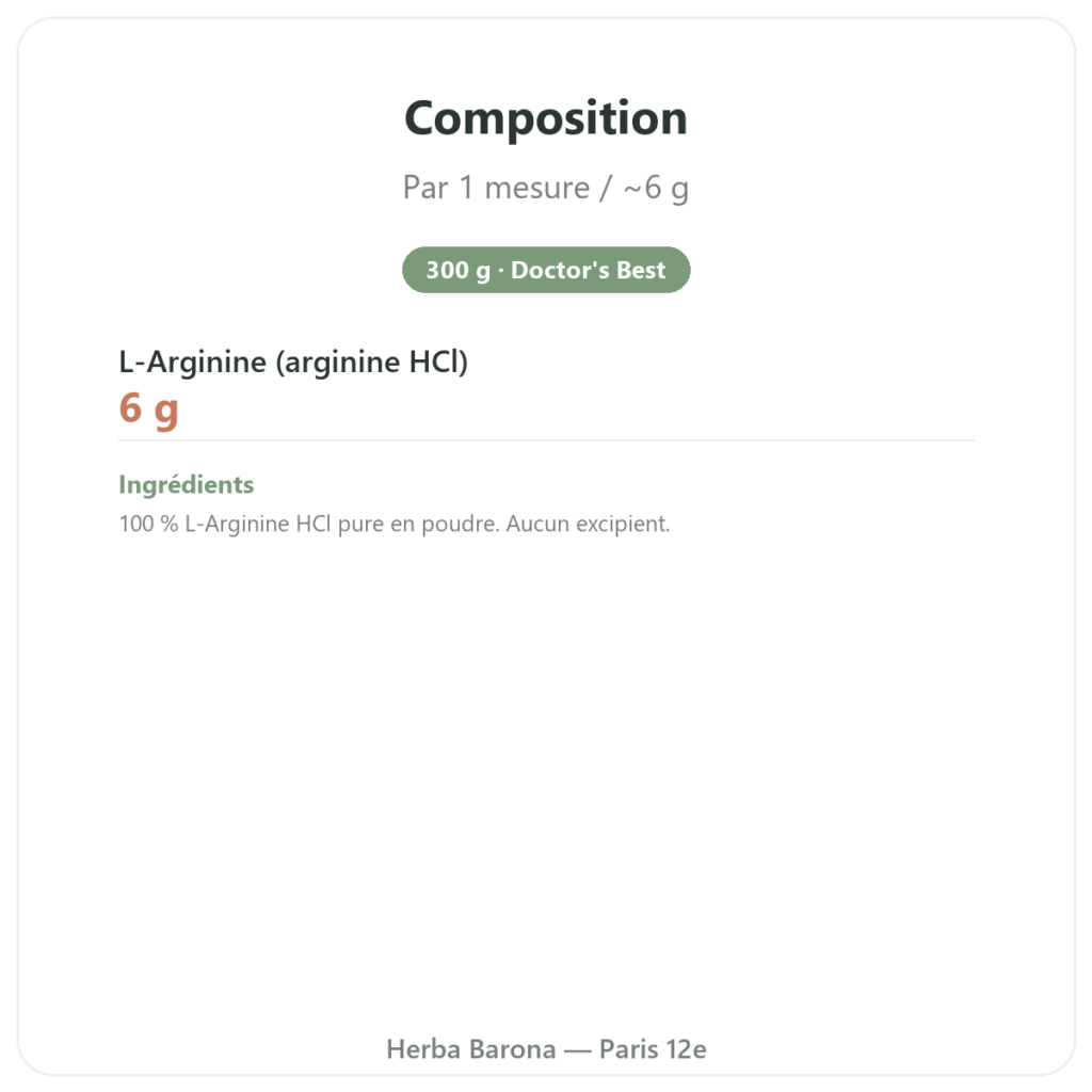 Arginine en Poudre Pure – 300g – Doctor's Best composition valeurs nutritionnelles Paris Herba Barona