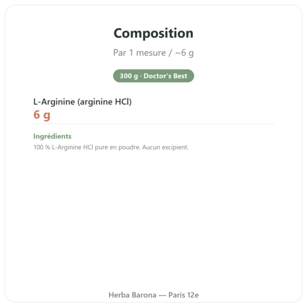 Arginine en Poudre Pure – 300g – Doctor's Best composition valeurs nutritionnelles Paris Herba Barona