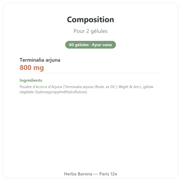 Arjuna Bio – Ayur-vana – 60 gélules composition valeurs nutritionnelles Paris Herba Barona