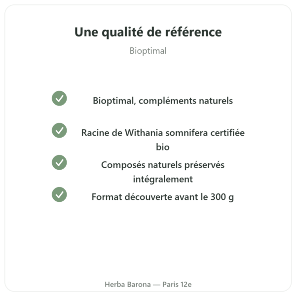 Ashwagandha Bio en Poudre – Bioptimal – 100 g qualite Paris Herba Barona