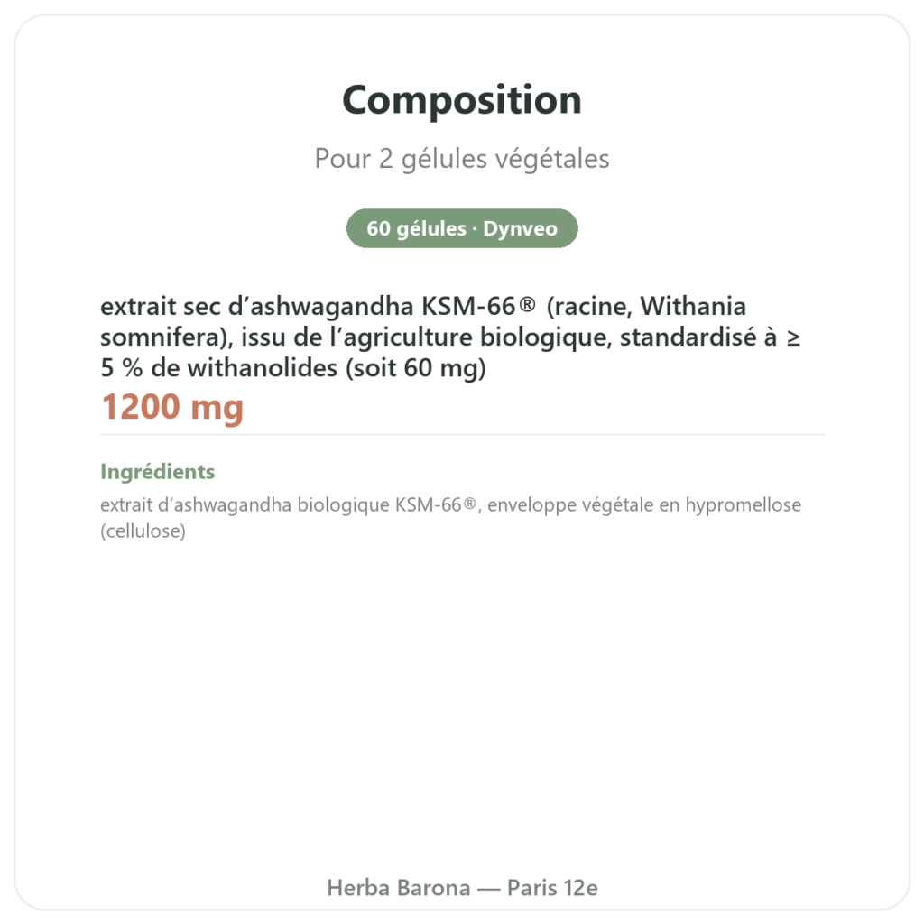 Ashwagandha bio KSM-66 5 % en Withanolides Dynveo 60 gélules composition valeurs nutritionnelles Paris Herba Barona