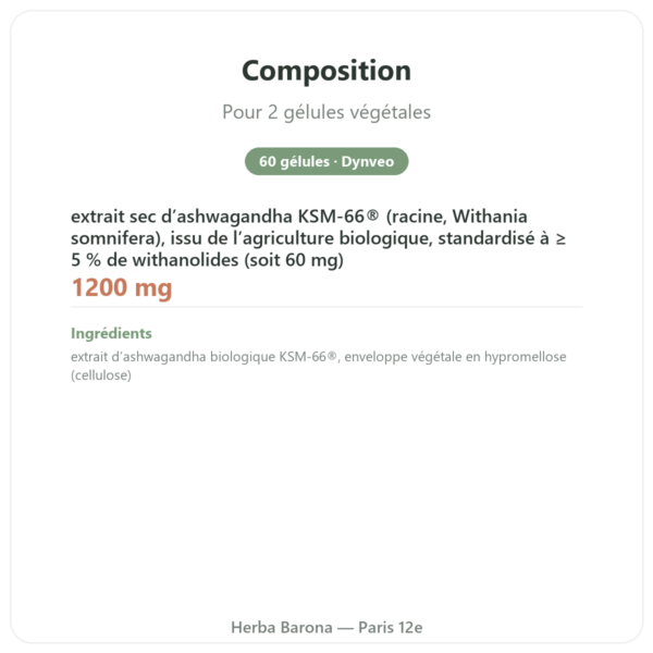 Ashwagandha bio KSM-66 5 % en Withanolides Dynveo 60 gélules composition valeurs nutritionnelles Paris Herba Barona
