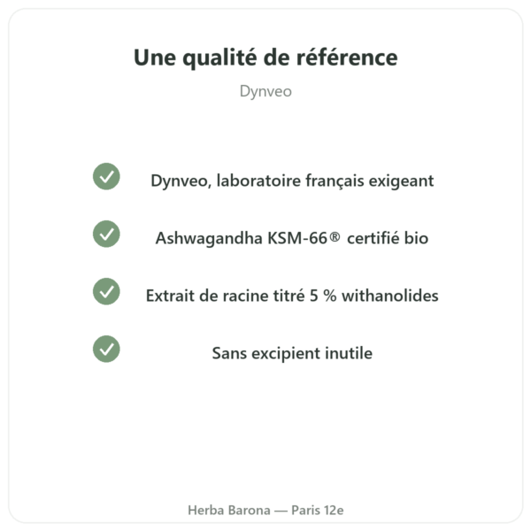Ashwagandha bio KSM-66 5 % en Withanolides Dynveo 60 gélules qualite Paris Herba Barona