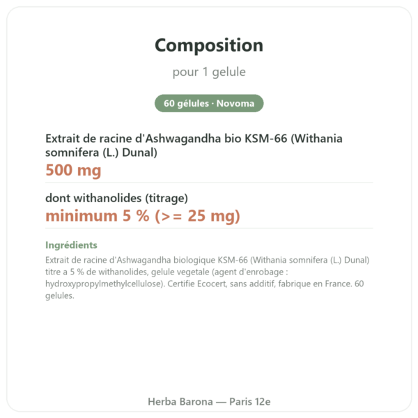 Ashwagandha bio KSM-66® – Novoma – 60 gélules composition valeurs nutritionnelles Paris Herba Barona