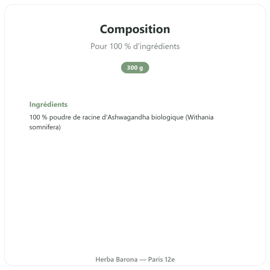 Ashwagandha Bio Poudre 300g – Bioptimal composition valeurs nutritionnelles Paris Herba Barona
