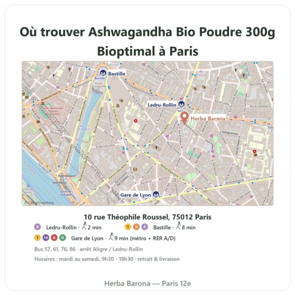 Ou trouver Ashwagandha Bio Poudre 300g Bioptimal a Paris - plan boutique Herba Barona Paris 12e