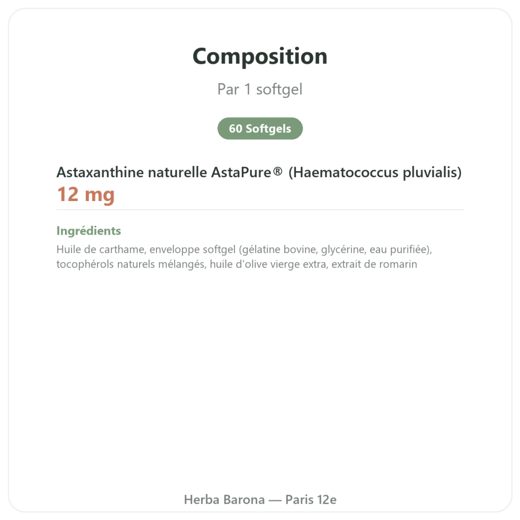 Astaxanthine 12 mg – Jarrow Formulas – 60 Softgels composition valeurs nutritionnelles Paris Herba Barona