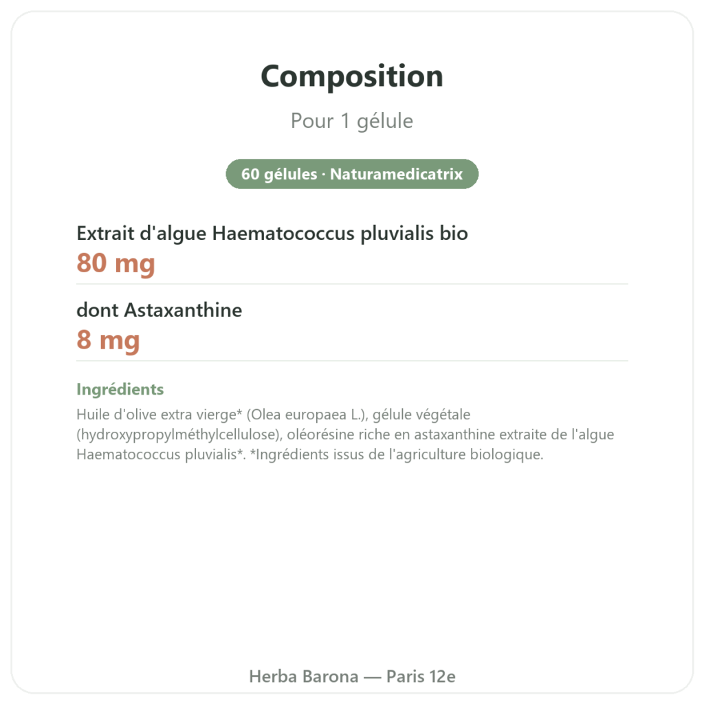 Astaxanthine Forte Bio Naturamedicatrix 60 gélules - Antioxydant composition valeurs nutritionnelles Paris Herba Barona
