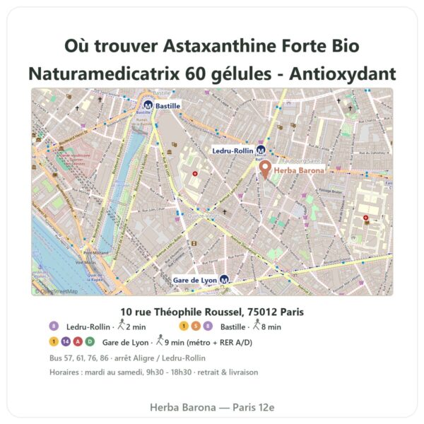Ou trouver Astaxanthine Forte Bio Naturamedicatrix 60 gélules - Antioxydant a Paris - plan boutique Herba Barona Paris 12e