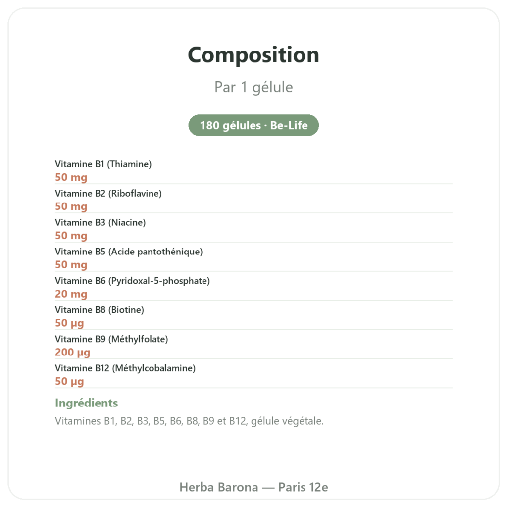 B Complex – Be-Life – 180 gélules – Vitamines B composition valeurs nutritionnelles Paris Herba Barona