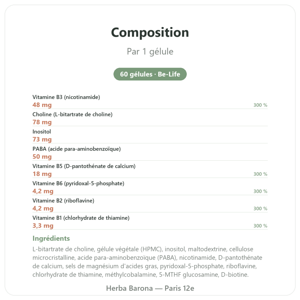 B Complex – Be-Life – 60 gélules – Vitamines B composition valeurs nutritionnelles Paris Herba Barona