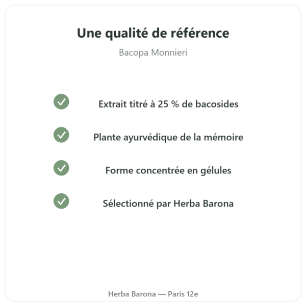 Bacopa Monnieri (bacosides) Extrait – Flacon de 60 gélules qualite Paris Herba Barona