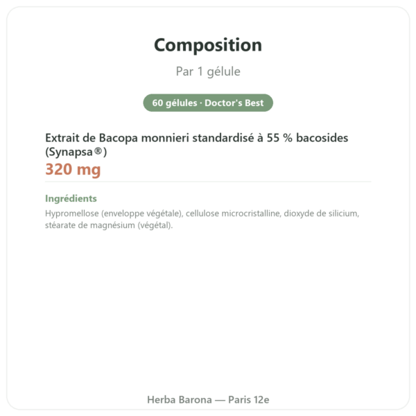 Bacopa Synapsa 320 mg 60 gélules Doctor's Best composition valeurs nutritionnelles Paris Herba Barona