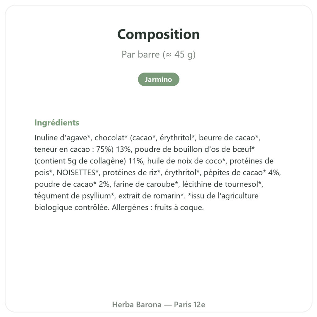 Barre de collagène brownie – Jarmino composition valeurs nutritionnelles Paris Herba Barona