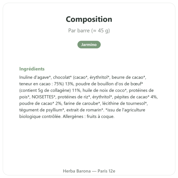 Barre de collagène brownie – Jarmino composition valeurs nutritionnelles Paris Herba Barona