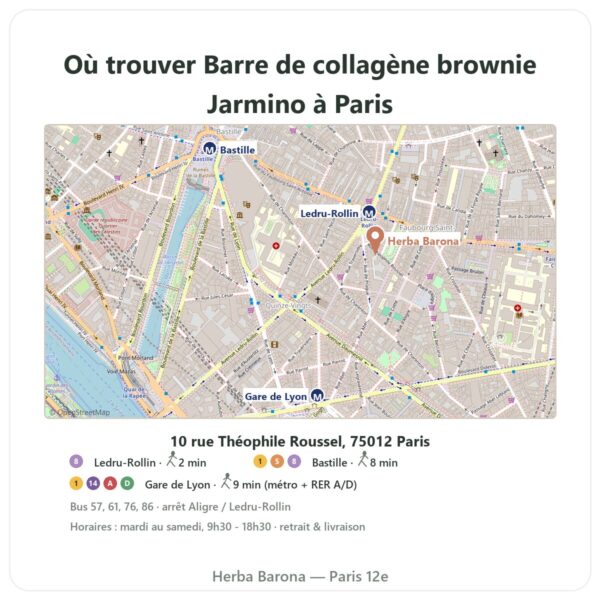 Ou trouver Barre de collagène brownie Jarmino a Paris - plan boutique Herba Barona Paris 12e