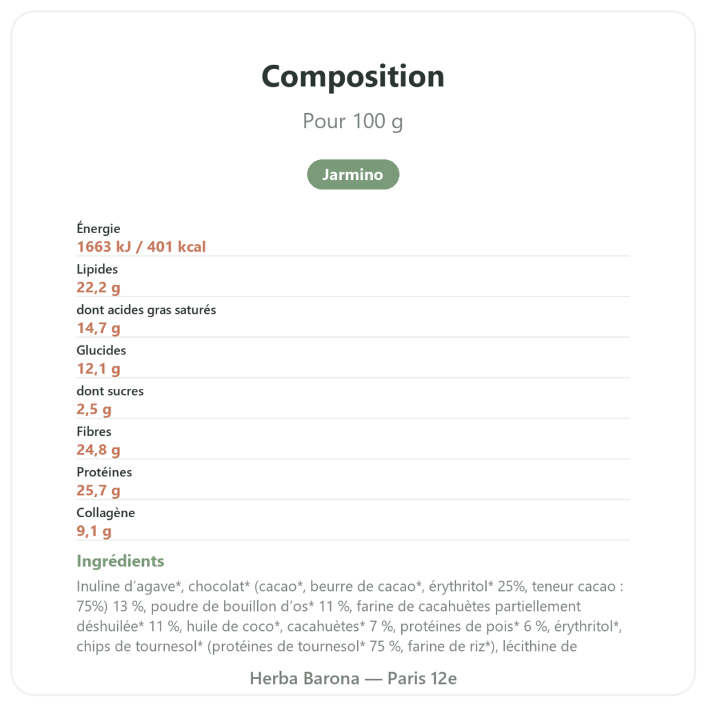 Barre de collagène cacahuète – Jarmino composition valeurs nutritionnelles Paris Herba Barona