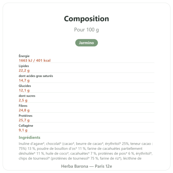 Barre de collagène cacahuète – Jarmino composition valeurs nutritionnelles Paris Herba Barona