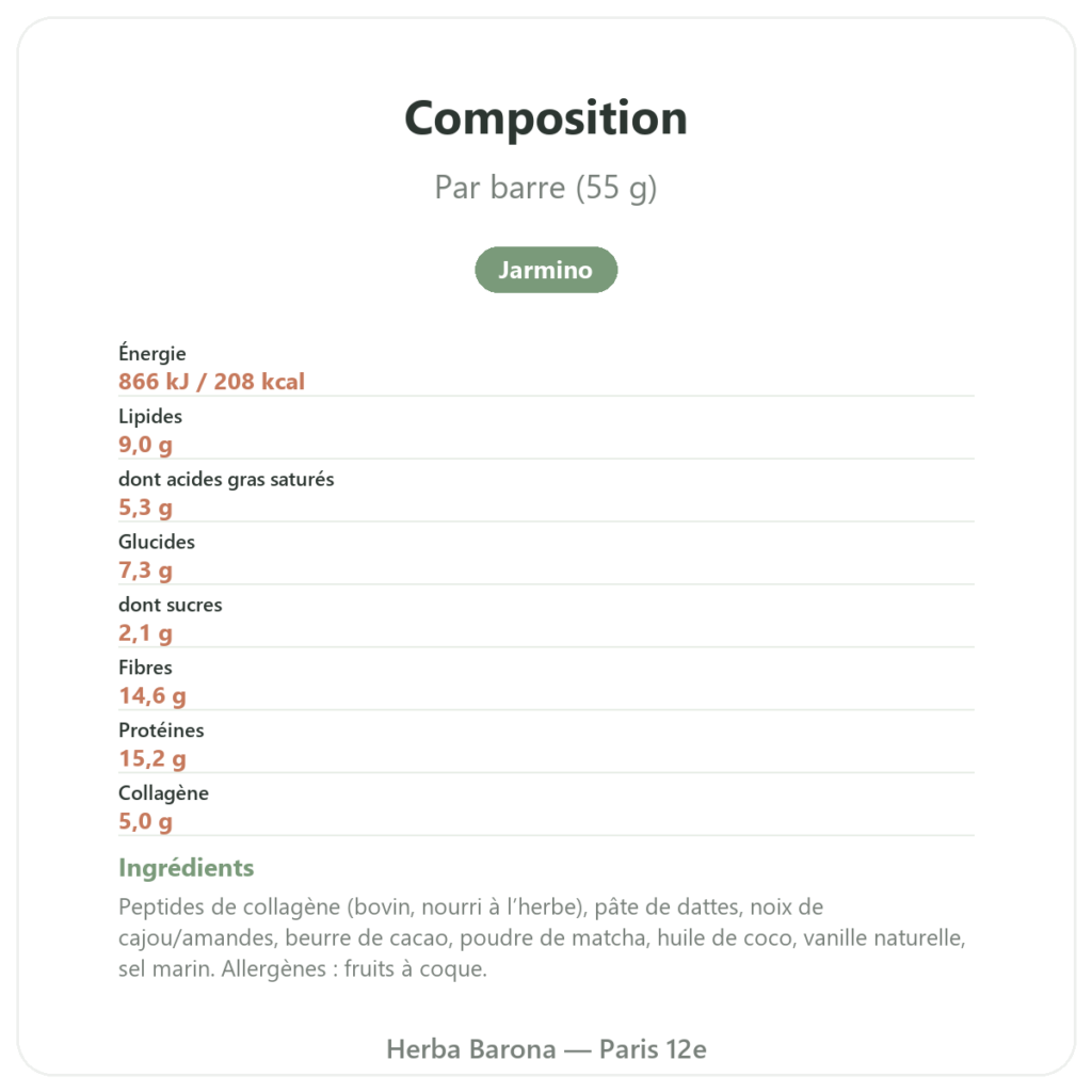 Barre de collagène matcha – Jarmino composition valeurs nutritionnelles Paris Herba Barona