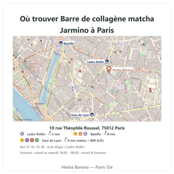 Ou trouver Barre de collagène matcha Jarmino a Paris - plan boutique Herba Barona Paris 12e