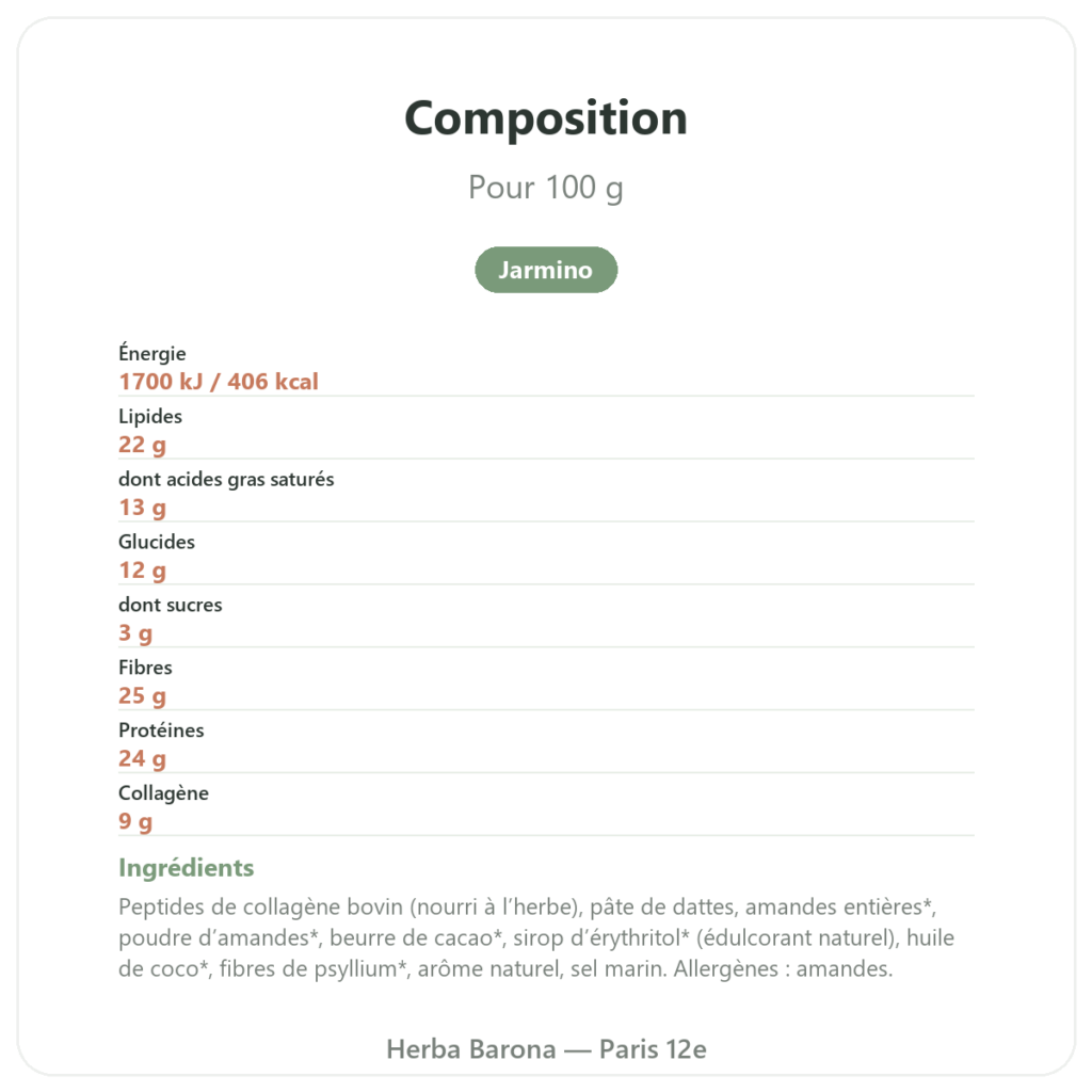 Barre de collagène saveur amande – Jarmino composition valeurs nutritionnelles Paris Herba Barona