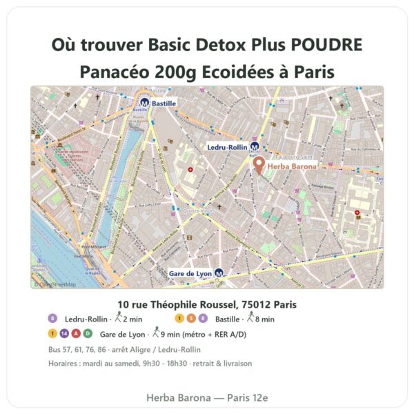 Ou trouver Basic Detox Plus POUDRE Panacéo 200g Ecoidées a Paris - plan boutique Herba Barona Paris 12e
