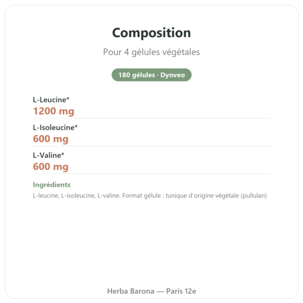 BCAA 2.1.1 – Dynveo – 180 gélules 600mg composition valeurs nutritionnelles Paris Herba Barona