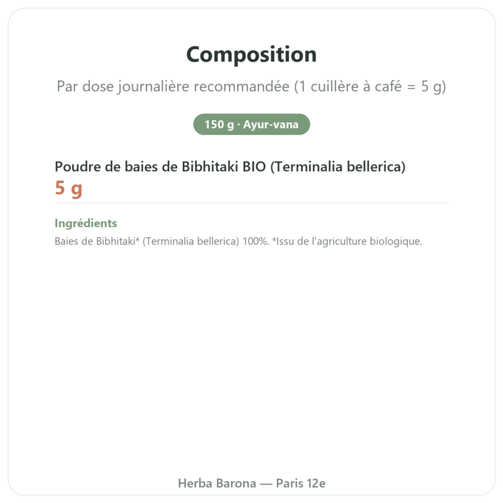 Bibhitaki bio - Sachet de poudre - 150 g - Ayur-vana composition valeurs nutritionnelles Paris Herba Barona