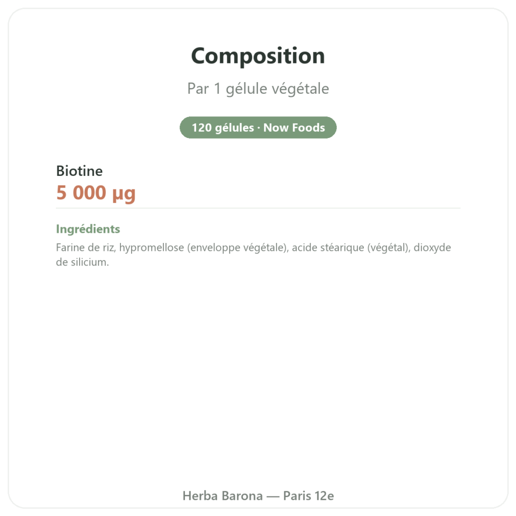 Biotin – 5000 mcg – 120 gélules – NOW Foods composition valeurs nutritionnelles Paris Herba Barona