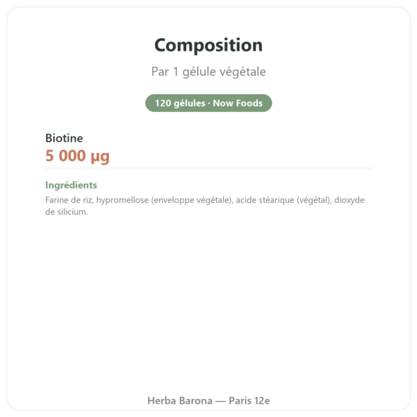 Biotin – 5000 mcg – 120 gélules – NOW Foods composition valeurs nutritionnelles Paris Herba Barona