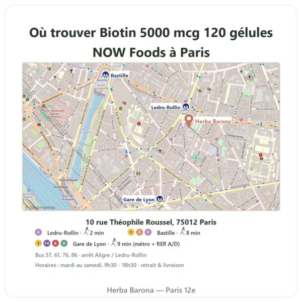 Ou trouver Biotin 5000 mcg 120 gélules NOW Foods a Paris - plan boutique Herba Barona Paris 12e