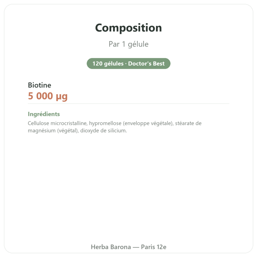 Biotine – 5000 mcg – 120 gélules – Doctor's best composition valeurs nutritionnelles Paris Herba Barona