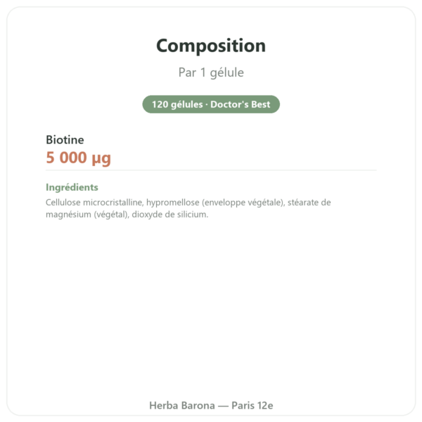 Biotine – 5000 mcg – 120 gélules – Doctor's best composition valeurs nutritionnelles Paris Herba Barona