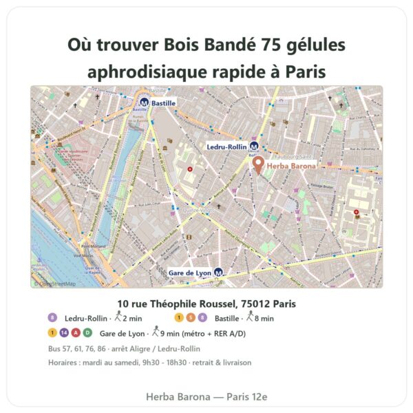Ou trouver Bois Bandé 75 gélules aphrodisiaque rapide a Paris - plan boutique Herba Barona Paris 12e