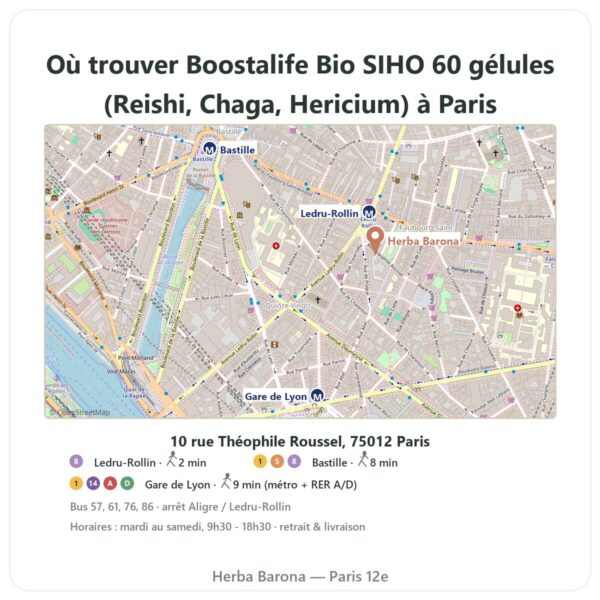 Ou trouver Boostalife Bio SIHO 60 gélules (Reishi, Chaga, Hericium) a Paris - plan boutique Herba Barona Paris 12e