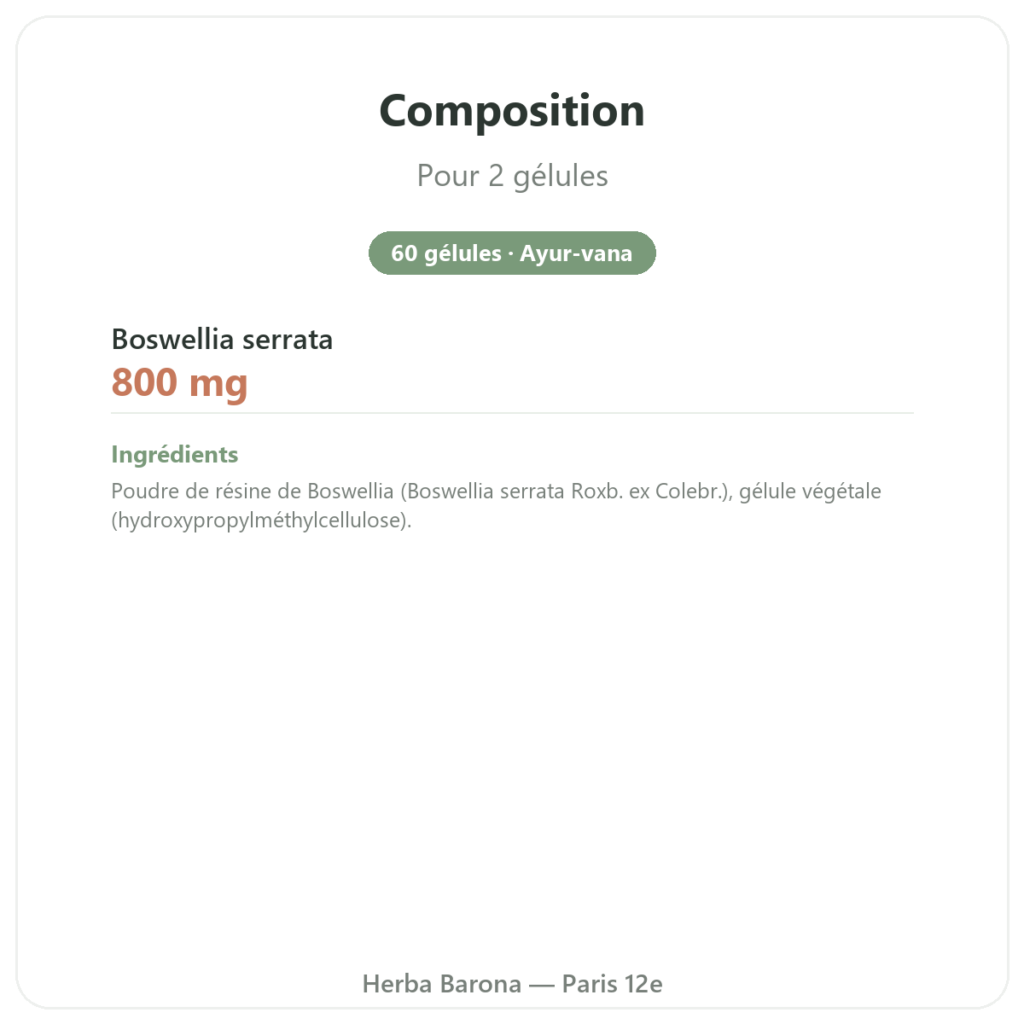 Boswellia – Ayur-vana – 60 gélules composition valeurs nutritionnelles Paris Herba Barona