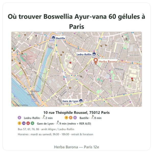 Ou trouver Boswellia Ayur-vana 60 gélules a Paris - plan boutique Herba Barona Paris 12e