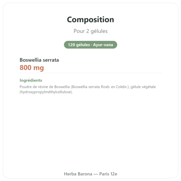 Boswellia Serrata 65% – Ayur-vana – 120 gélules composition valeurs nutritionnelles Paris Herba Barona