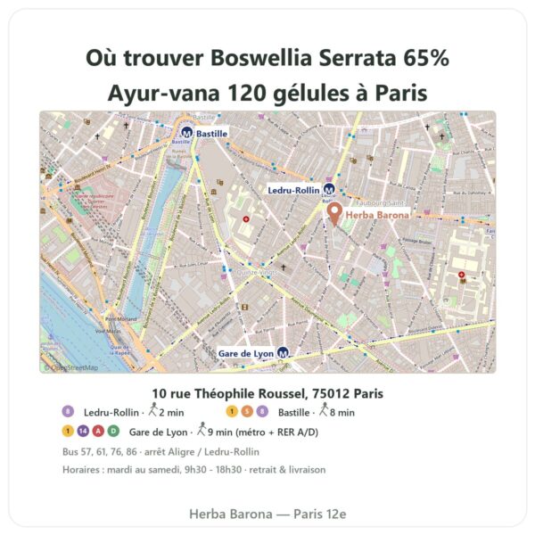 Ou trouver Boswellia Serrata 65% Ayur-vana 120 gélules a Paris - plan boutique Herba Barona Paris 12e