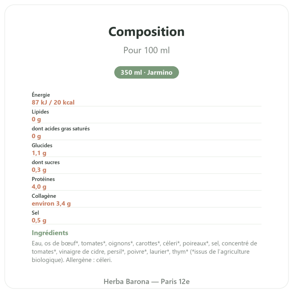 Bouillon d'os de bœuf bio 350 ml – Jarmino composition valeurs nutritionnelles Paris Herba Barona