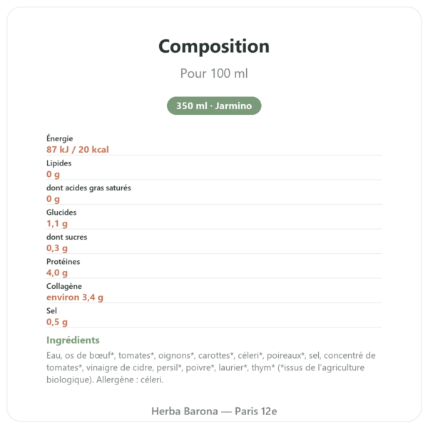 Bouillon d'os de bœuf bio 350 ml – Jarmino composition valeurs nutritionnelles Paris Herba Barona