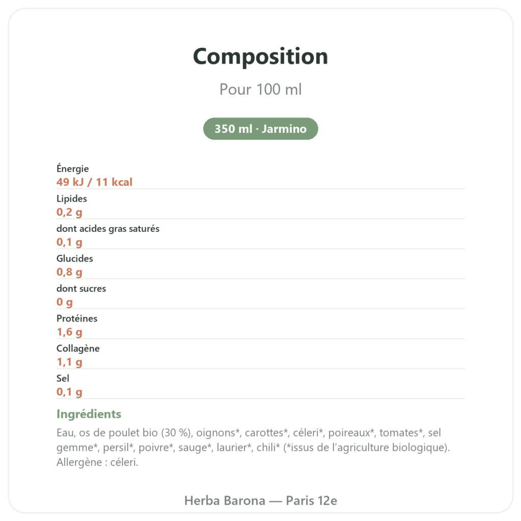 Bouillon d'os de poulet 350ml – Jarmino composition valeurs nutritionnelles Paris Herba Barona