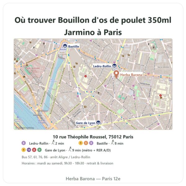 Ou trouver Bouillon d'os de poulet 350ml Jarmino a Paris - plan boutique Herba Barona Paris 12e