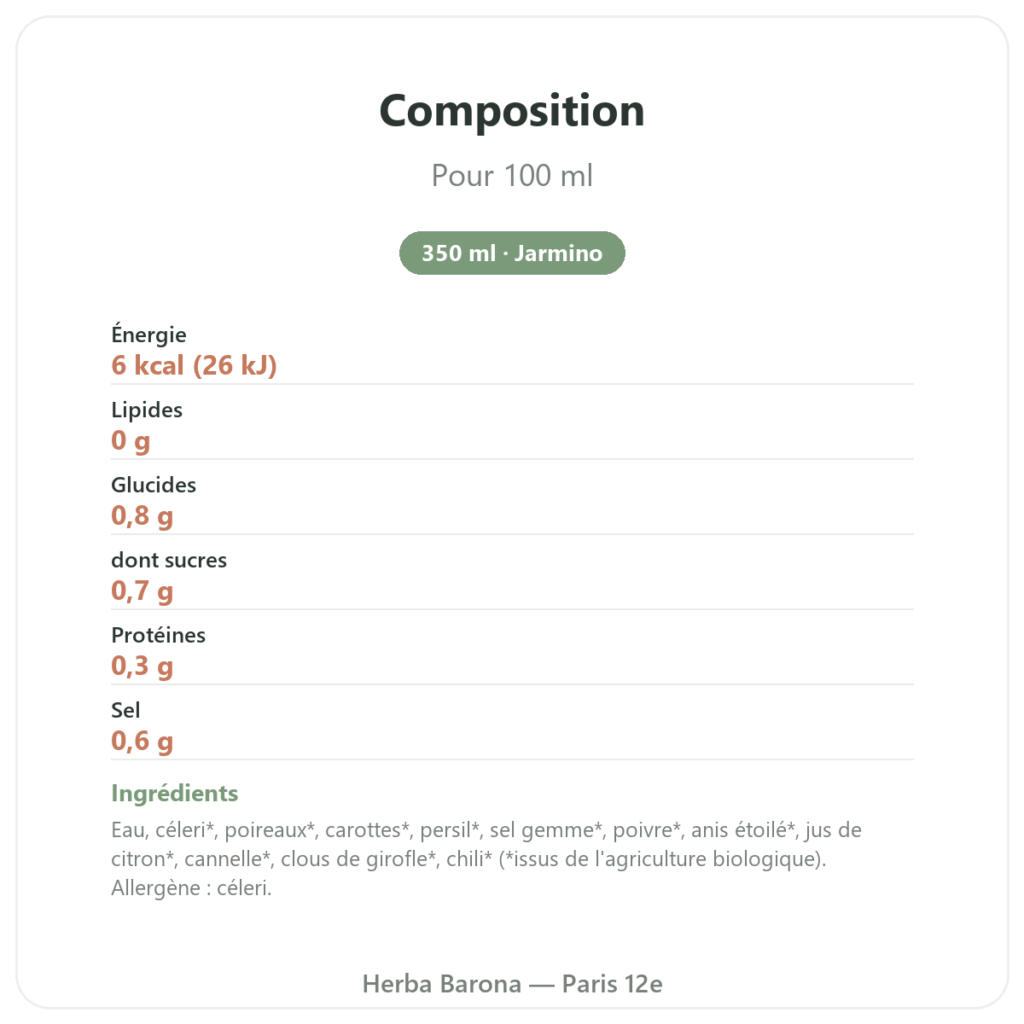 Bouillon de légumes bio 350 ml – Jarmino composition valeurs nutritionnelles Paris Herba Barona